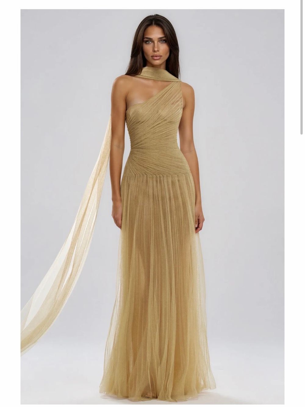 Innovare Karimah Draper Scarf Maxi Dress. One-Shoulder Gold Evening Gown - Picture 2 of 7